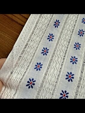 VTG Woven Embroidered Floral White Blue Dimity Cotton Fabric 2yards + 4" L x44"W